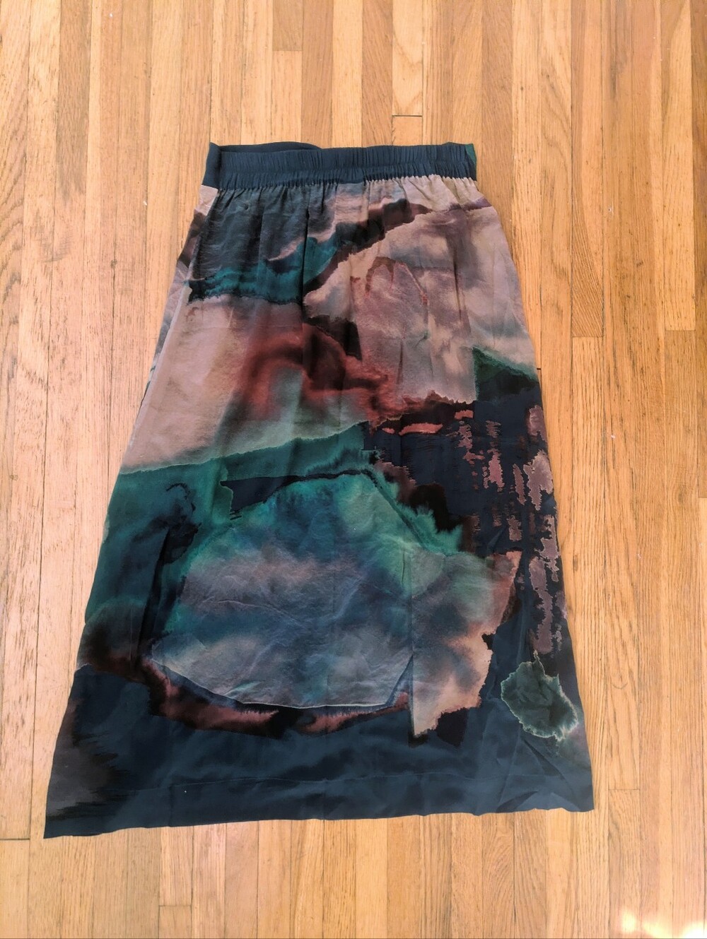 NWT Poetry Teal storm 100% silk midi skirt abstract watercolor print Size 6 - Picture 7 of 10